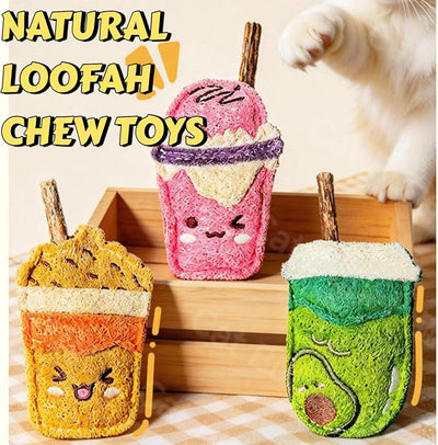 Natural Loofah Chew Cat Toys Janpanese Style, Dental Care Silvervine Sticks for Indoor Cats and Kittens, Milk Tea Cup-Shaped Catnip Treat Toys (Pink)