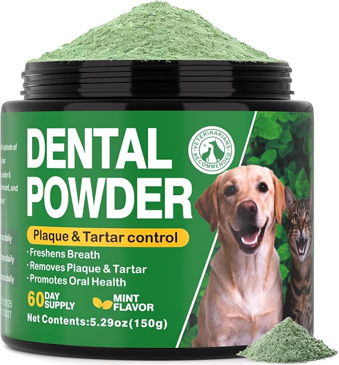 Dog Dental Powder for Teeth Cleaning - Dog Dental Care, Plaque & Tartar Remover for Teeth, Oral and Gum Health Support for All Ages Dogs & Cats, Mint Flavor