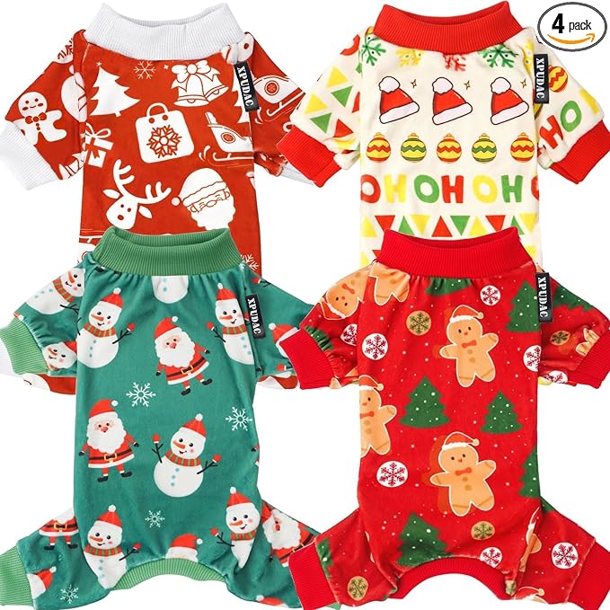4 Pieces Dog Christmas Outfit Pajamas Santa Claus Pet Clothes Cute Snowman Dog Pajamas Costumes for Dogs Girl Boy, Red Green Large