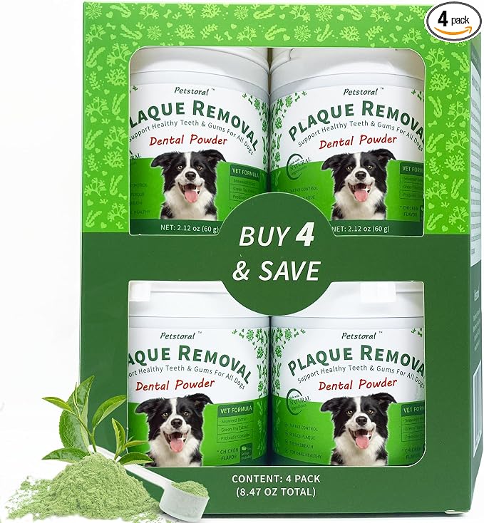 Multi-Pack Natural Dog Dental Powder, Dog Dental Care - Plaque Remover and Bad Breath Treatment, Healthy Gums & Fresh Breath for All Dogs and Cats (4-Pack)