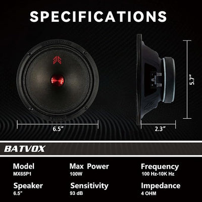 MX65P1 Midrange Loudspeaker 6.5" Red Dust Cap, 200W Max, 4 Ohms, Premium Quality Audio Door Speakers for Car or Truck Stereo Sound System, Black (2 Speaker)