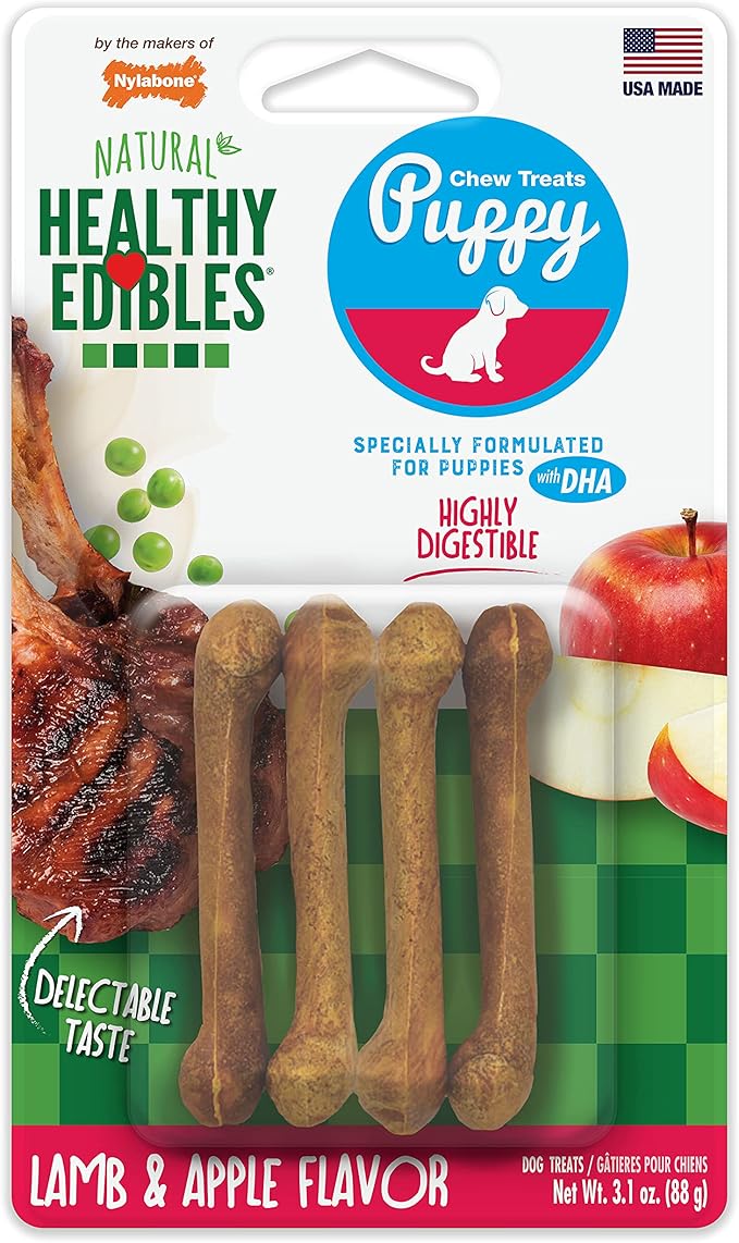 Nylabone Healthy Edibles Natural Puppy Chews Long Lasting Treats for Puppies, Lamb & Apple Dog Treats, X-Small/Petite (4 Count)