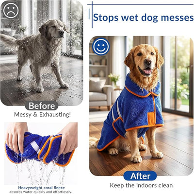 Bienbee Dog Bathrobe, Quick Drying Super Absorbent Pet Robes for Small Medium Large Dogs, Drying Coat for After Bath & Swim, Warm & Cozy Dogs Towels, Dog Puppy Bath Supplies, Dark Blue S