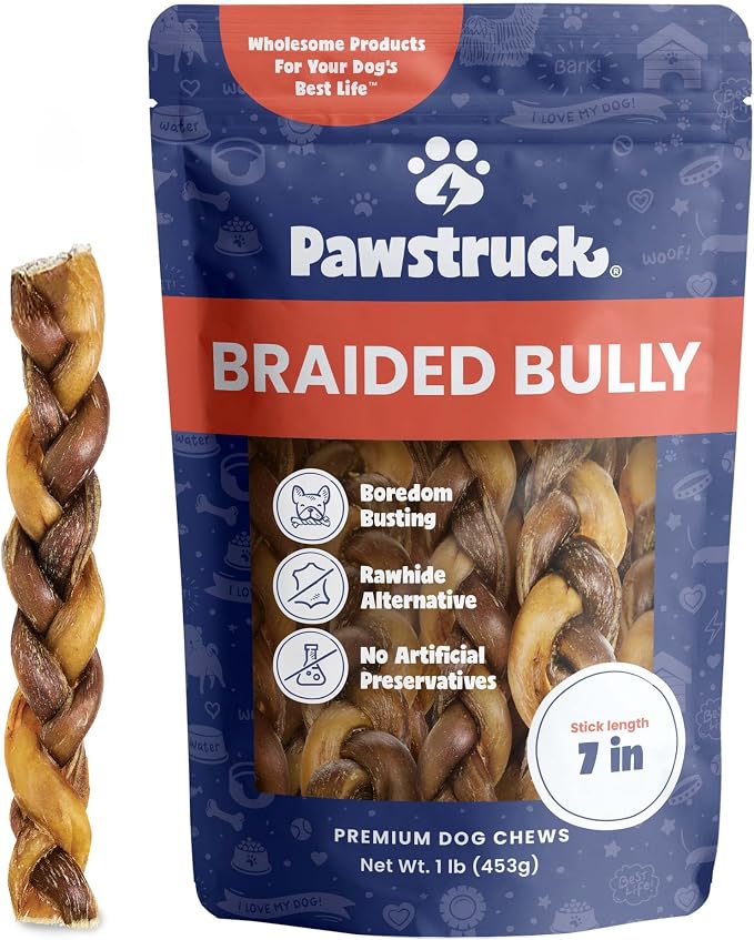 100% Natural 7" Braided Bully Sticks 1 lb Bag - Long Lasting Rawhide Free Single Ingredient Dog Chews for Aggressive Chewers with Dental Health Support and High Protein