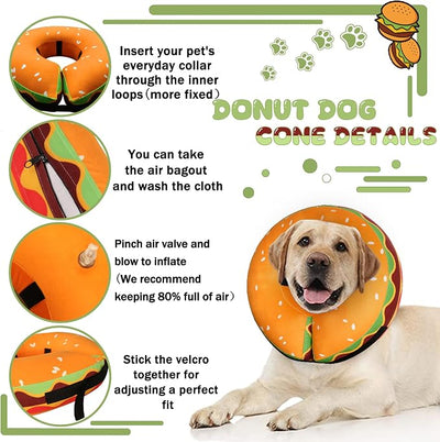 Inflatable Dog Cone Collar for Large Medium Small Dogs, Soft Adjustable Recovery Cone Collar for Dogs Cat,Dog Neck Donut Cone Alternative After Surgery(Hamburger,Medium+