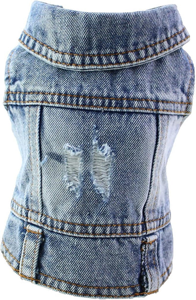 Pet Clothes Dog Jeans Jacket for Small Medium Dogs & Cats - Lapel Vests, Vintage Washed Denim, Scratch-Resistant Design, Light Blue