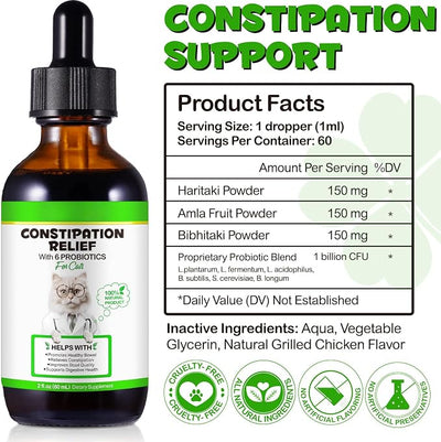 Cat Constipation Relief - Natural Laxative with 6 Probiotics Stool Softener, Digestive Support for Hairball Relief & Bowel Movement, Promotes Digestive Health, 2 fl oz (1 PCS)