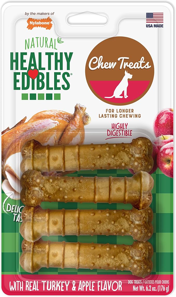 Healthy Edibles Natural Dog Chews, Long Lasting Bones for Dogs, Turkey & Apple Flavor Dog Treats, Small (4 Count)