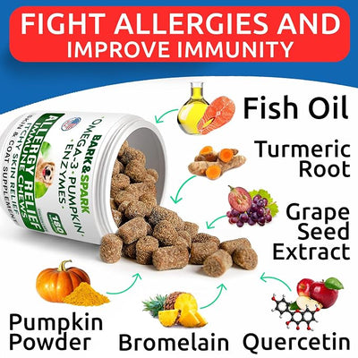 BARK&SPARK Dog Allergy Relief Soft Chews for Skin Health & Seasonal Allergies - Anti-Itch Supplement w/Omega-3, Quercetin & Bromelain Immune Treats for Dry Skin & Hot Spots - Chicken Liver - 360ct