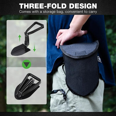 REDCAMP 18" Mini Survival Folding Camping Shovel with Cover, Manganese Steel Tri-Fold Handle Portable Tactical Shovel for Hiking, Beach, Mud, Snow, Lightweight 1.5Lbs Black