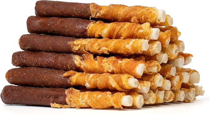 Dog Treats 5 Inch Double Flavor Chicken & Chicken Liver Wrapped Rawhide Sticks, Teeth Cleaning for Small Dogs, 21.16 oz (30 Count)