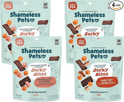 Shameless Pets Jerky Dog Treats, Variety 4-Pack – Healthy Chews with Salmon & Duck – Natural Dog Treats with Real Ingredients – Grain, Corn & Soy Free