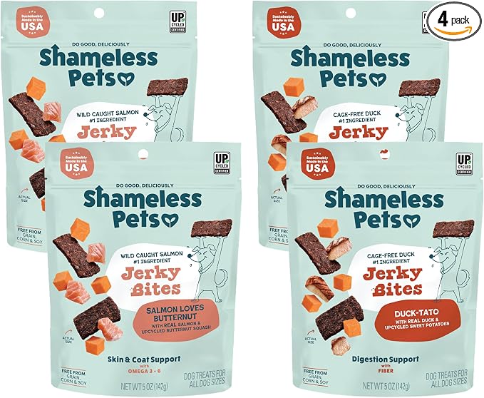 Jerky Dog Treats, Variety 4-Pack – Healthy Chews with Salmon & Duck – Natural Dog Treats with Real Ingredients – Grain, Corn & Soy Free