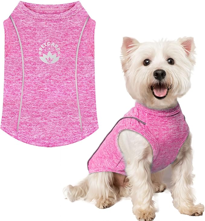 PETCARE Sun Protection Dog Shirts for Small Dogs Quick Dry Soft Stretchy Dog T-Shirts with Reflective Label Tank Top Sleeveless Vest Pet Clothes, Athletic Fabric, Pink, M (Chest 17" Length 13.8")