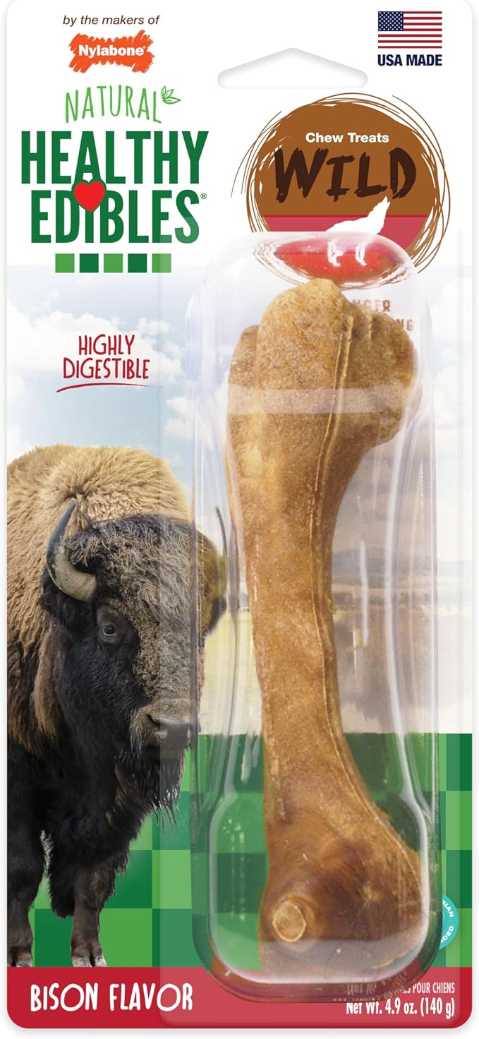 Healthy Edibles WILD Natural Dog Chew Treats for Large Dogs, Long Lasting Dog Chew Bones Made in USA, Bison Flavor, For Dogs Up to 50 lbs. (1 Count)