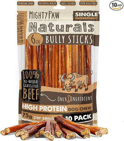 Mighty Paw Naturals Bully Sticks for Small & Medium Dogs - Grass Fed Beef Chews. Bully Sticks for Large Dogs. Lower Odor Stick Treat. Single Ingredient (6" - 10 Pack)