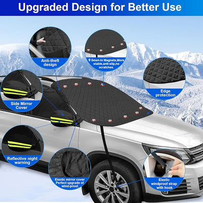 Car Windshield Snow Cover for Ice with Magnetic Edges, Windscreen Frost Protector with 5 Layers Protection,Elastic Straps Hooks,Side Mirrors Cover, Winter Frost Ice Guard for Car SUV CRV Trucks,Black