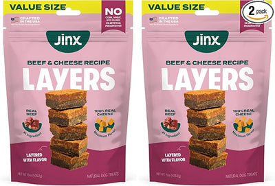 Jinx Beef & Cheese Layers Jerky Dog Treats - Crunchy, All Natural Dog Jerky Treats with Grass-Fed Beef & Cheese - Pet Products for All Dogs (Puppies, Adults & Seniors) - 15oz (Pack of 2)