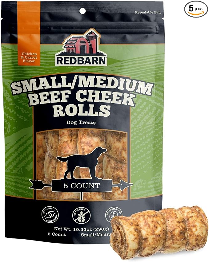 Pet Products All-Natural Small/Medium Beef Cheek Rolls for Dogs, Chicken & Carrot Glazed - Single Ingredient Grain-Free Chew Treat Naturally Rich in Collagen - 5 Pack - Packaging May Vary
