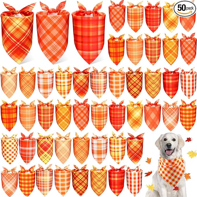 50 Pcs Fall Plaid Dog Bandanas Bulk Autumn Gingham Bandanas for Dogs Triangle Kerchief Bib Scarf for Pet Thanksgiving Party Costume Photo Props Accessories, 25 Styles(25.6 x 17.7 x 17.7)
