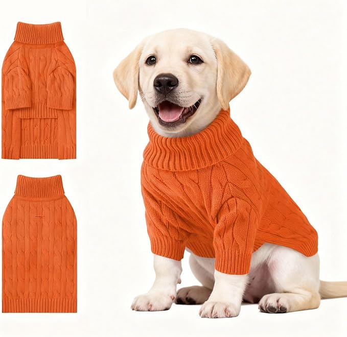 Small Dog Thermal Pullover Sweater, Classic Turtleneck Cable Knitwear Dog Clothes for Cold Weather Warm Pet Clothes for Chihuahua, Bulldog, Dachshund, Pug Orange X-Large