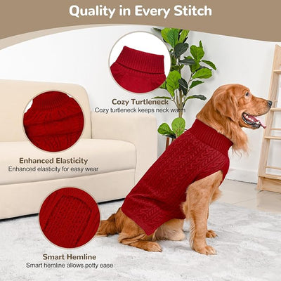 Dog Sweater 2 Pack for Large Dogs, Size XL, Red & Brown | Stretchy cable knit turtleneck, machine washable, high belly cut, comfy winter fit for English Bulldog, Boxer
