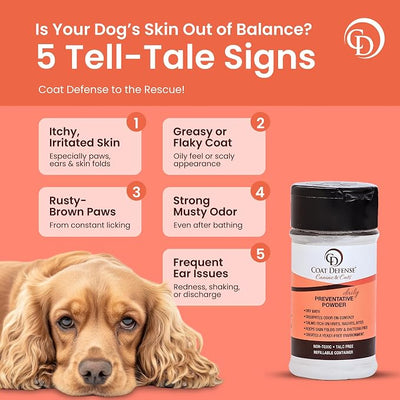 COAT DEFENSE Daily Preventative Powder | Made in USA | 3.5oz Waterless Dog Shampoo & Pet Deodorizer for Smelly Dogs | Provides Anti Itch Relief | Dog Dry Shampoo for Dry Itchy Skin