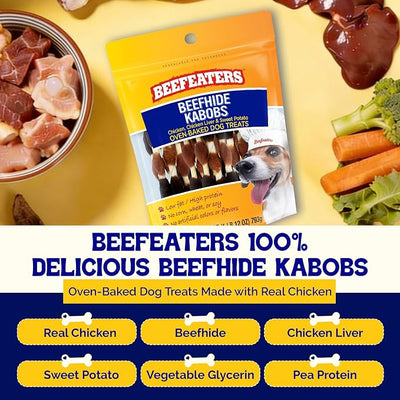 Beefeaters Triple Flavor Beefhide Kabobs 28oz, Dog Treats with Real Chicken, Liver & Sweet Potato – Long-Lasting Dog Kabob Treats for Chewing, Dental Support*, Flavor-Packed Treats - Training Rewards