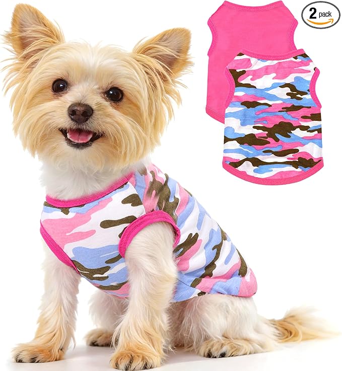 2 Pack Dog Clothes for Small Dogs Puppy Clothes Summer Dog Shirts for Small Dogs Girl Camouflage Pet T Shirts Female Cats Chihuahua Yorkie Apparel Pink Camouflage + Solid Color (XXS)