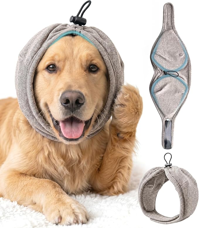 Dog Ear Muffs Cover - Dog Cat Ears Muffs for Bath Noise Protection Calming Cold Weather Anxiety Relief, Khaki Small Adjustable Top for Grooming Bathing Fireworks and Travel S