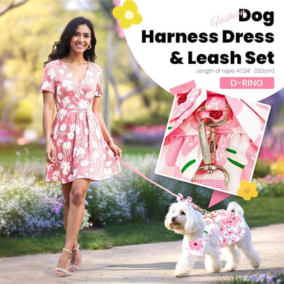 ABRRLO Cute Dog Dress Small Dog Clothes for Girls Female Puppy Outfits Floral Pet Summer Clothes Bowknot Doggy Harness Dress Cat Princess Dresses for Holiday Birthday Party (Pink Floral, Medium)