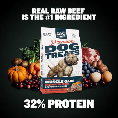 Bully Max Premium High Protein Dog Treats for Puppy & Adult Dogs - Training Dog Food Treats with 32% Protein, Real Meat, Veggies & BCAAs for Small, Medium & Large Breeds - Beef Flavor (2 Pack)