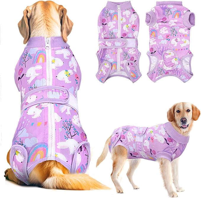Lukovee Recovery Suit for Dogs, Zipper On Dog Surgery Suit for Female Male Dog, Onesies Bodysuit Prevent Licking Spay Abdominal Wounds Bandages E-Collar Alternative (Purple, XXL)