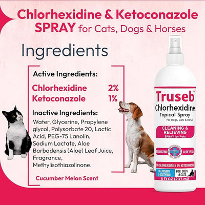 Truseb Advanced Strength Medicated Chlorhexidine for Dogs Cats Horses Skin Spray with Aloe Vera - Medicated Ketoconazole Spray for Skin Irritation, Hot Spots, Redne (Medicated Ketoconazole Spray, 8oz)