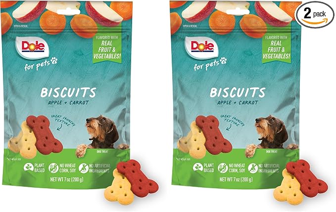 Dole for Pets Freshly Fetched Dog Biscuits, Apple & Carrot Flavor Dog Treats, 7oz | Flavored with Real Veggies, No Wheat, Corn, Soy, Artificial Flavors, Colors, Preservatives, or Animal Products