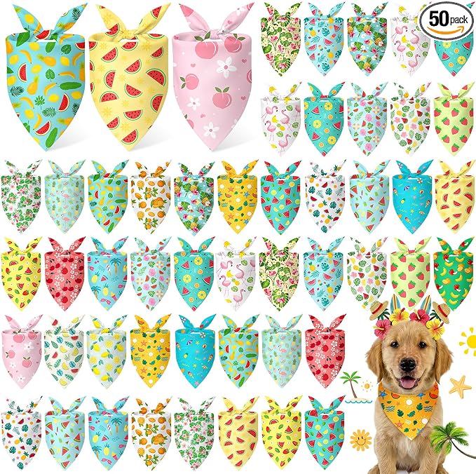 50 Pieces Summer Themed Dog Bandanas Bulk Hawaiian Dog Bandanas for Pets Triangle Kerchief Scarf Bibs Set for Summer Pets Dogs Party Costume Accessories, 25 Styles (19.7 x 13.8 x 13.8)
