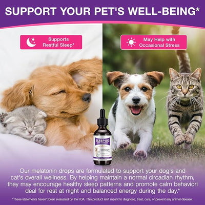 Liquid Melatonin for Dogs & Cats, 60ml Dog Melatonin Calming Drops with L-Theanine, Cat Calming Dog Sleep Aid Support Anxiety Relief for Travel, Separation, Barking, Fireworks