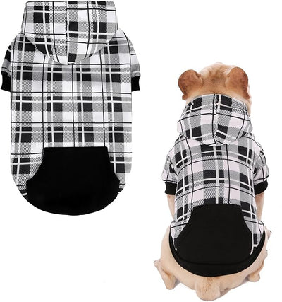 EXPAWLORER Plaid Dog Hoodie - British Style Warm Dog Sweater Shirt with Leash Hole,Pitbull Clothes Outfits,Winter Coat Apparel for All Breeds Puppy Girl Boy-Cat Apparel,Black & White X-Small