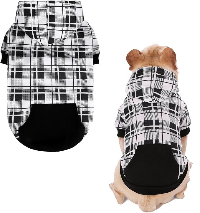 EXPAWLORER Plaid Dog Hoodie - British Style Warm Dog Sweater Shirt with Leash Hole,Pitbull Clothes Outfits,Winter Coat Apparel for All Breeds Puppy Girl Boy-Cat Apparel,Black & White Small