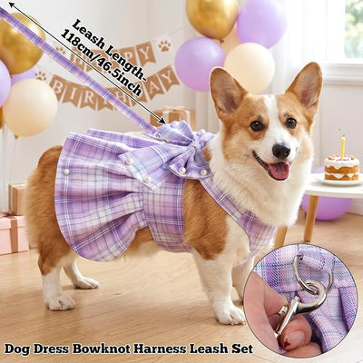 Dog Plaid Dress Harness and Leash Set with Pearls Bow Adjustable Puppy Dress Mesh Vest Bow Knot Pet Clothes for Cute Small Girl Dog Cat (Purple&White, Large)