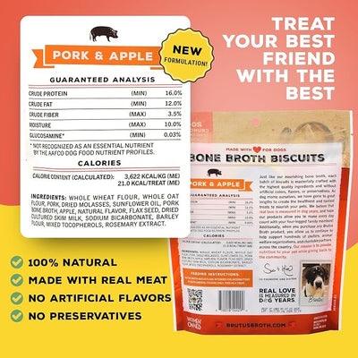 BRUTUS BONE BROTH Biscuits for Dogs - Protein-Rich Dog Treats with Bone Broth and Real Pork & Apple - All Natural and Tasty - 8oz, Pack of 6, Pork and Apple Flavor
