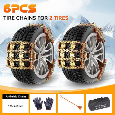 Snow Chains for Car SUV Pickup Trucks, Adjustable Portable Universal Emergency Anti Skid Snow Car Tire Chains for Tire Width 175 185 195 205 215 220 225 235 240 245 255 265, 6 Pack