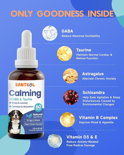 Dog Calming Drops for Anxiety Relief, Sleep Aid, Relaxing, 60ML | Dog Stress Relief During Travel, Firework, Thunderstorm, with GABA, Taurine, Astragalus, Schisandra, Roast Chicken Flavor