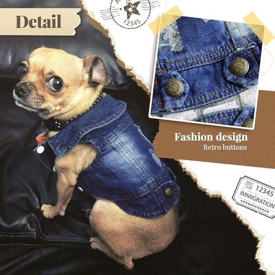 Cool Dog Jean Jacket Small Puppy Outfits Frenchie Clothes Denim Coats for Small Medium Dogs Cats Boys Girls Pet Vest Dog Shirt Clothing Doggy Costume (Blue, XXL（Suggest 15-20 lbs）)