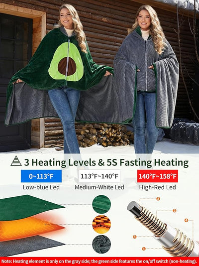 Double-Sided 12V Wearable Heated Blanket,15000mAh Heated Blanket Battery Operated,Cordless Electric Heating Poncho Blanket,Portable Heated Throw Blanket Hoodie 3 Heat set for Car,Outdoor,Camping,Party
