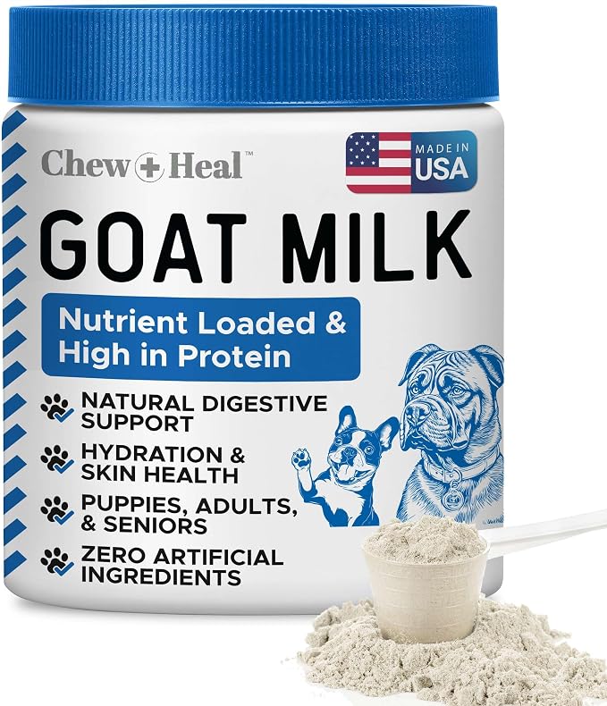Chew + Heal Labs Goat Milk Powder for Dogs - 6oz of Nutrient Loaded Milk for Puppy, Adult, and Senior Dogs - Good for Muscle, Bone, and Heart Health - Protein Rich with No Additives - Made in the USA