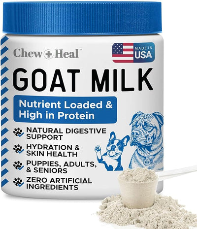 Chew + Heal Labs Goat Milk Powder for Dogs - 6oz of Nutrient Loaded Milk for Puppy, Adult, and Senior Dogs - Good for Muscle, Bone, and Heart Health - Protein Rich with No Additives - Made in the USA