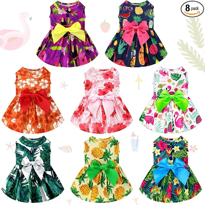 8 Pcs Summer Themed Hawaii Dog Dresses Holiday Flamingo Fruit Floral Pattern Pet Skirts Hawaii Puppy Princess Dresses Outfits Bowknot for Girl Dogs Cats Beach(Large)