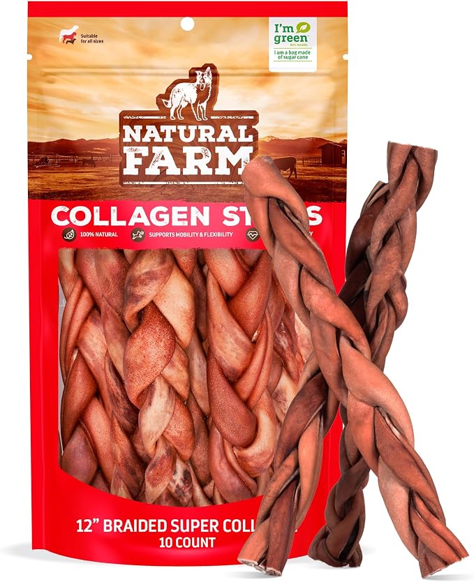 Odor-Free Super Braided Collagen Dog Chews (12-Inch, 10-Pack) First Ever Real Bull Sticks Alternative: 100% Natural Angus Hide Collagen Treats - More Protein More Chew Time for All Dogs