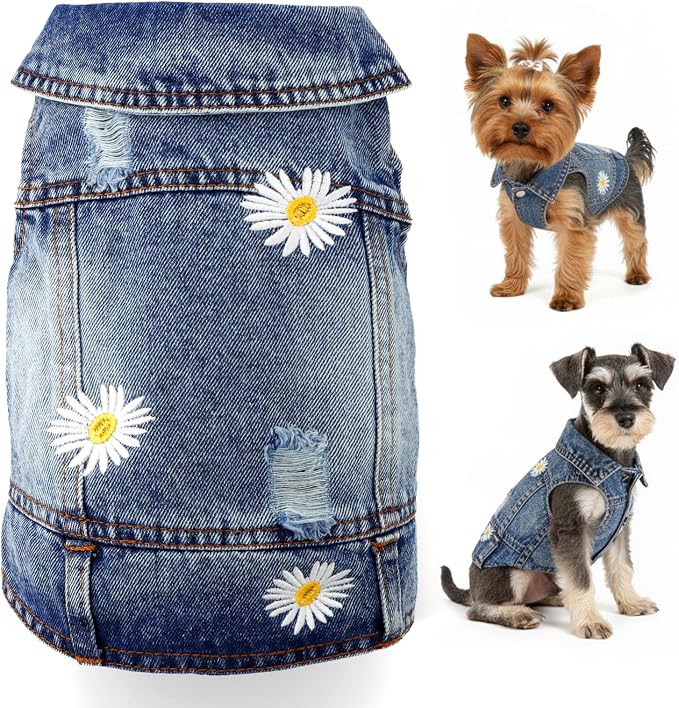 Dog Denim Jacket with Embroidered Daisy, Ripped Vintage Jean Vest for Small Dogs, Pugs, Chihuahuas, Spring Summer Fall Festival Outfit, X-Large (Fits Chest 17-18")